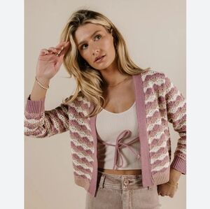 NWT böhme Hem & Thread Josette Crochet Front Tie Cardigan Pink Mauve